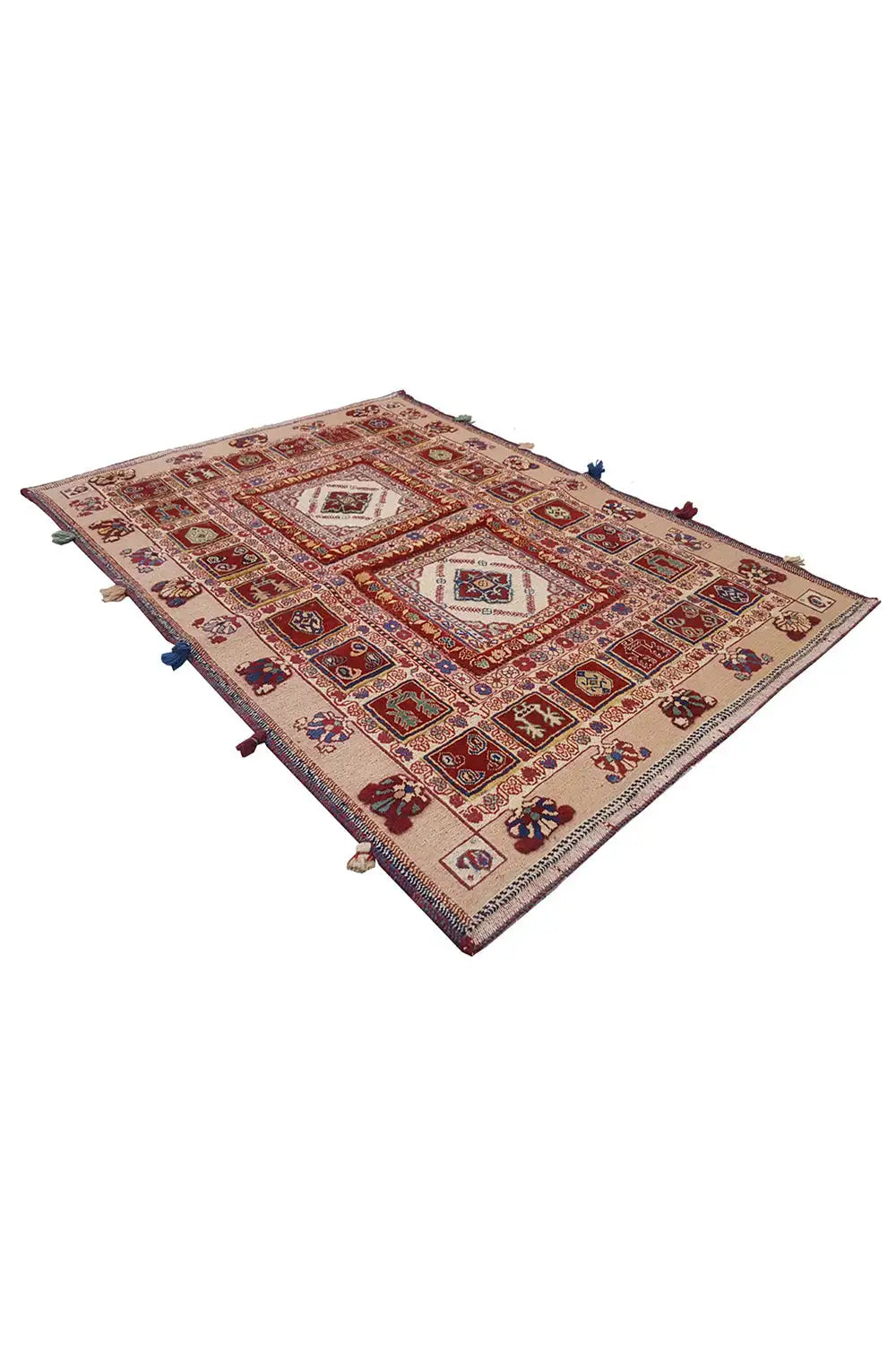 Soumak rug, flat-woven, with a red border and multicolored patterns