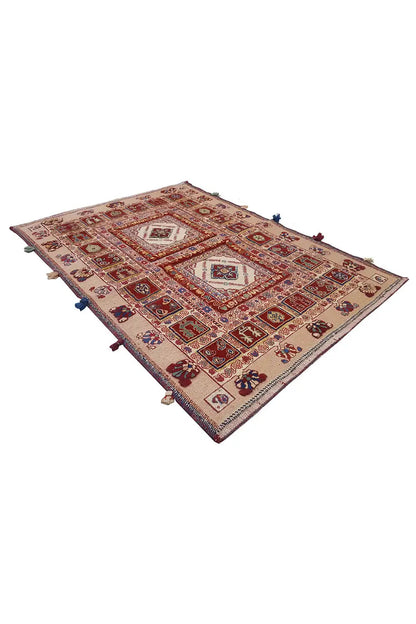 Soumak rug, flat-woven, with a red border and multicolored patterns