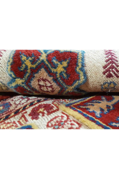 Close-up of a Soumak rug: colorful patterns in the pile between two layers