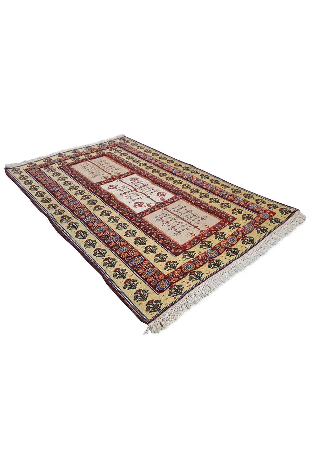 Soumak rug 122x80 cm, photographed at an angle, multi-row medallion pattern