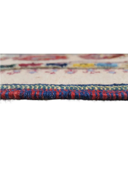 Soumak rug (120x81 cm) close-up: selvedge with multicolored border and fringes