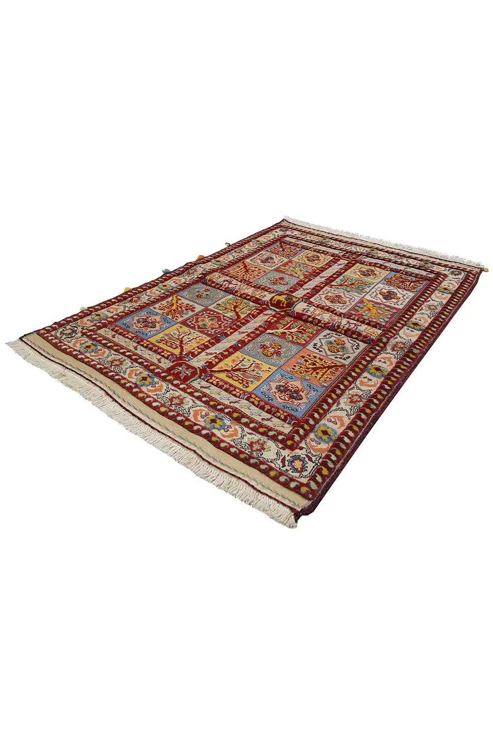 Soumak rug, rectangular, multicolored red with a geometric pattern and fringes