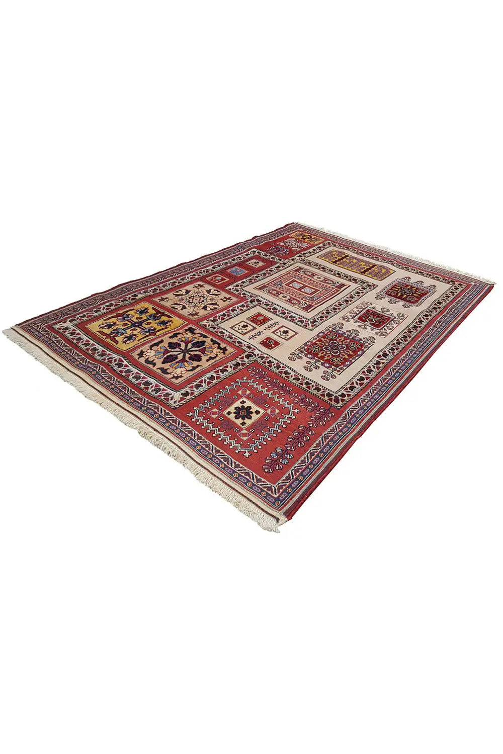 Carpet 161x119 cm with a multicolored ornamental pattern, wide border, and fringes.