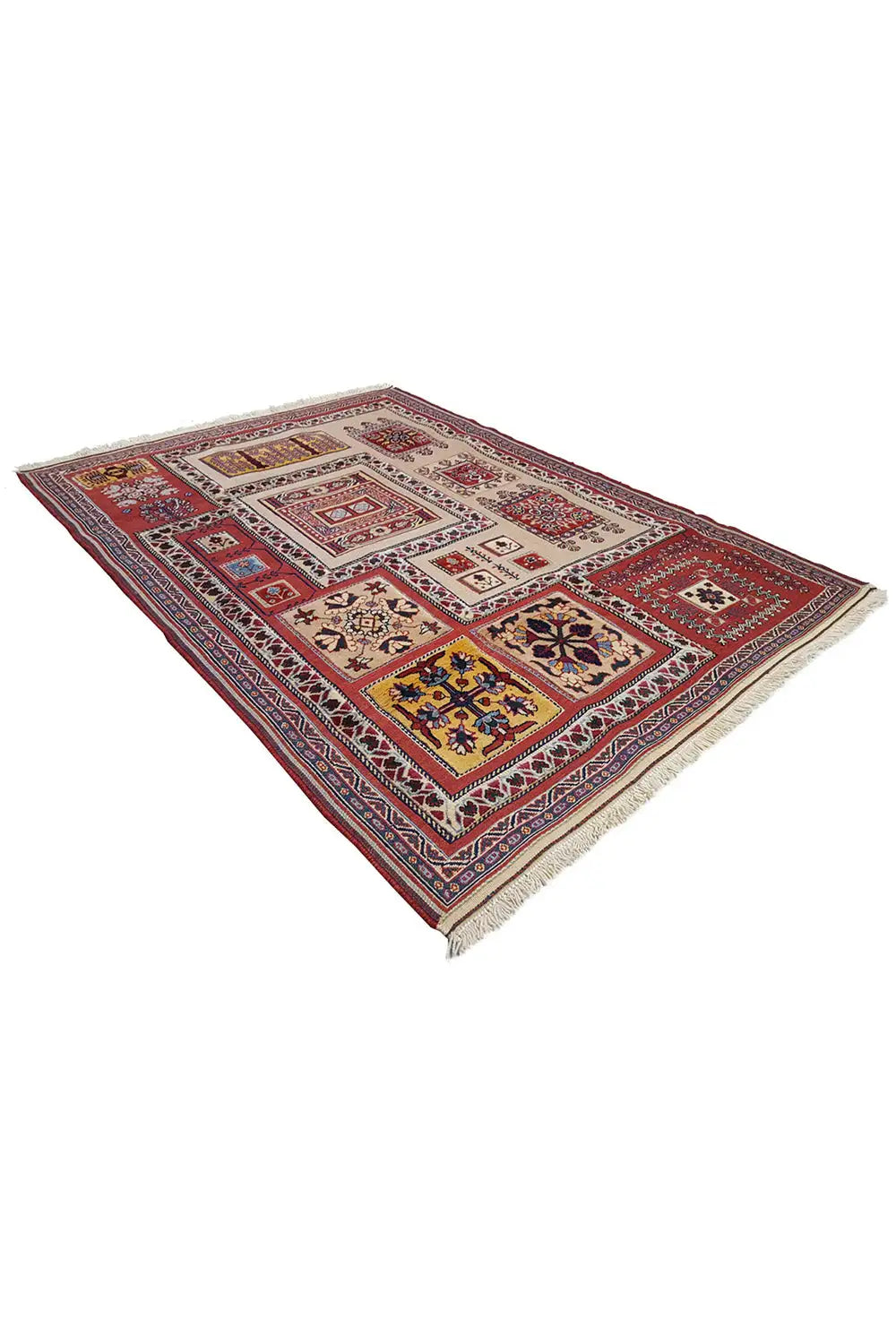 Rug 161x119 cm with red and blue ornamental panels, border, fringe.