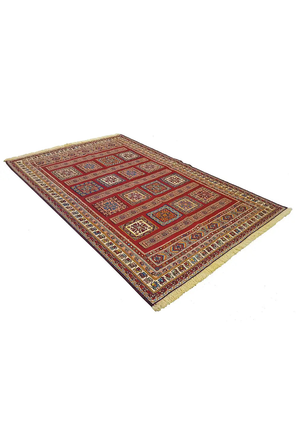 Soumak rug 155x100 cm, reddish-brown geometric pattern, rectangular, shown from an oblique angle