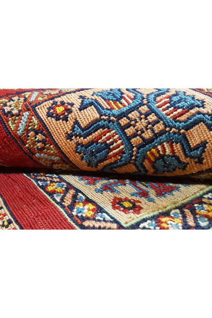 Soumak rug: Detail of the weave with colorful decorative motifs and fringes