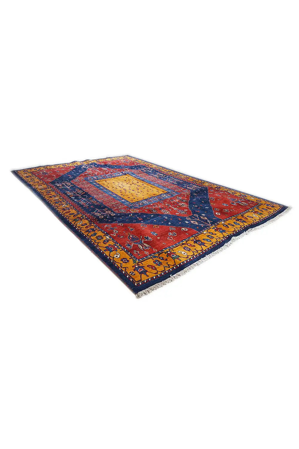Gabbeh rug diagonal: red and blue pattern with a yellow border, short fringes.