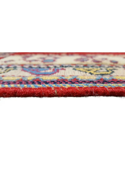 Soumak rug: Detail of the colorful border with a dense pile texture and fringe along the edge.
