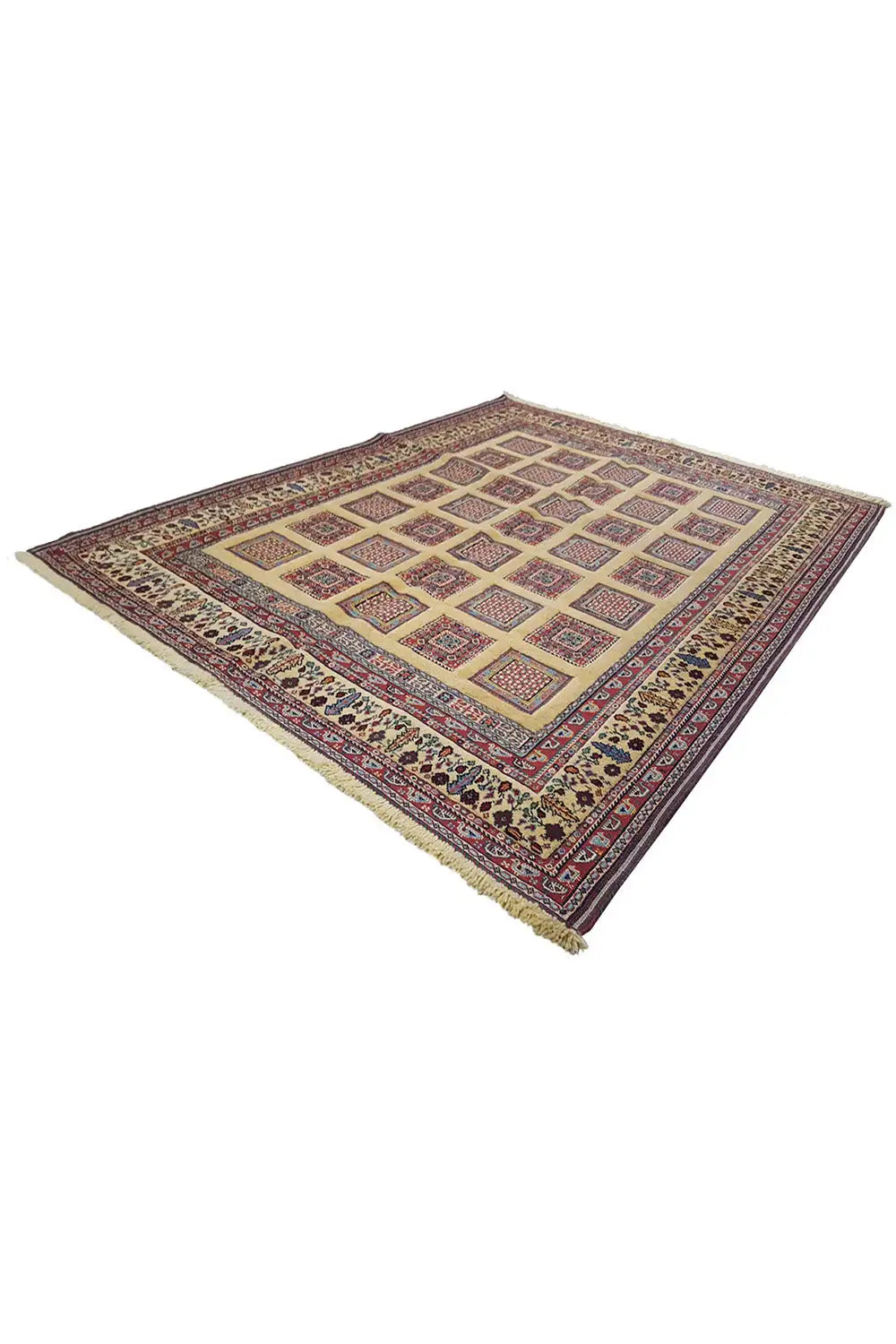 Soumak rug 210x150 cm, multicolored diamond pattern with decorative border and fringes
