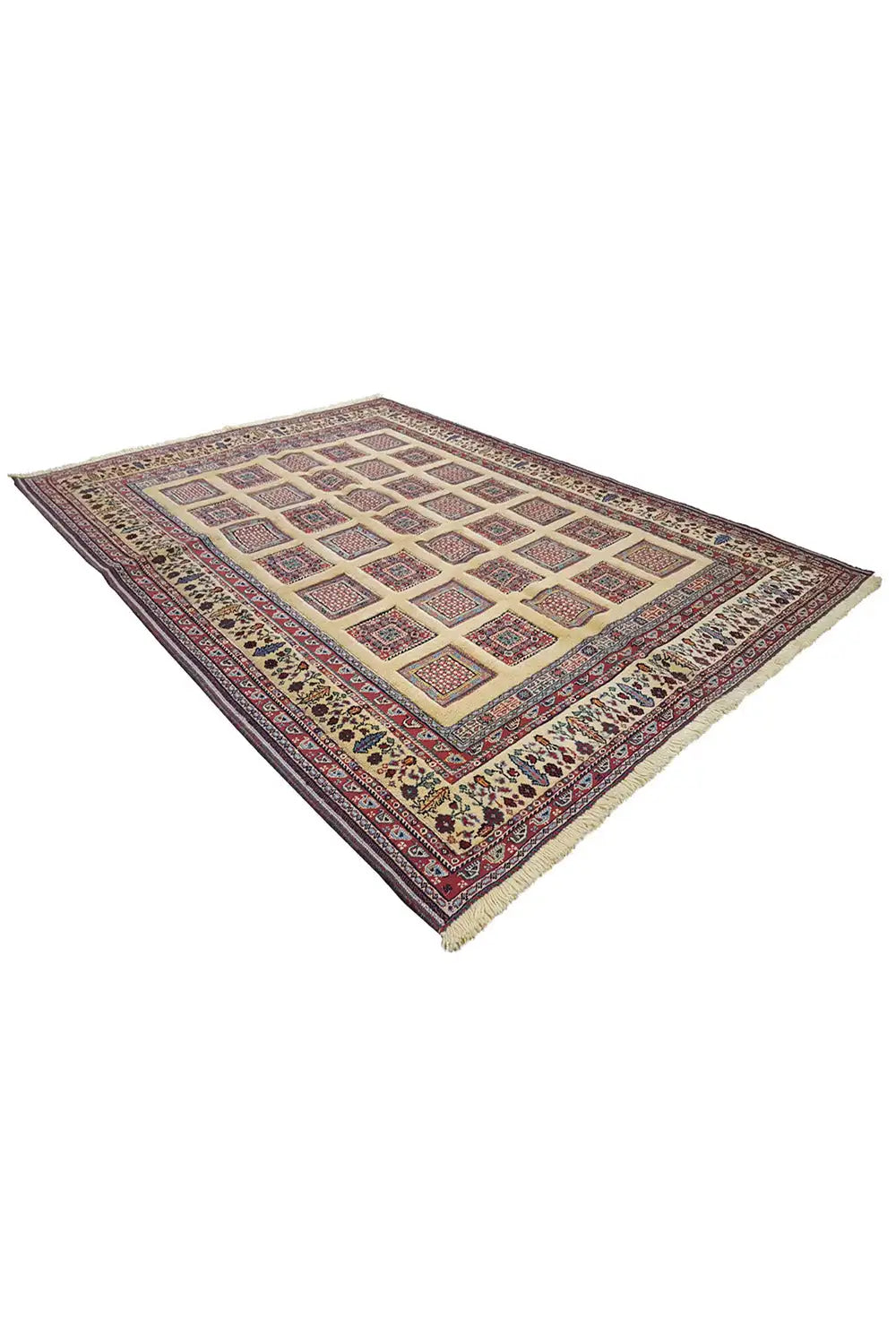Soumak rug 210x150 cm with blue-red diamond design, decorative fringe along the edges