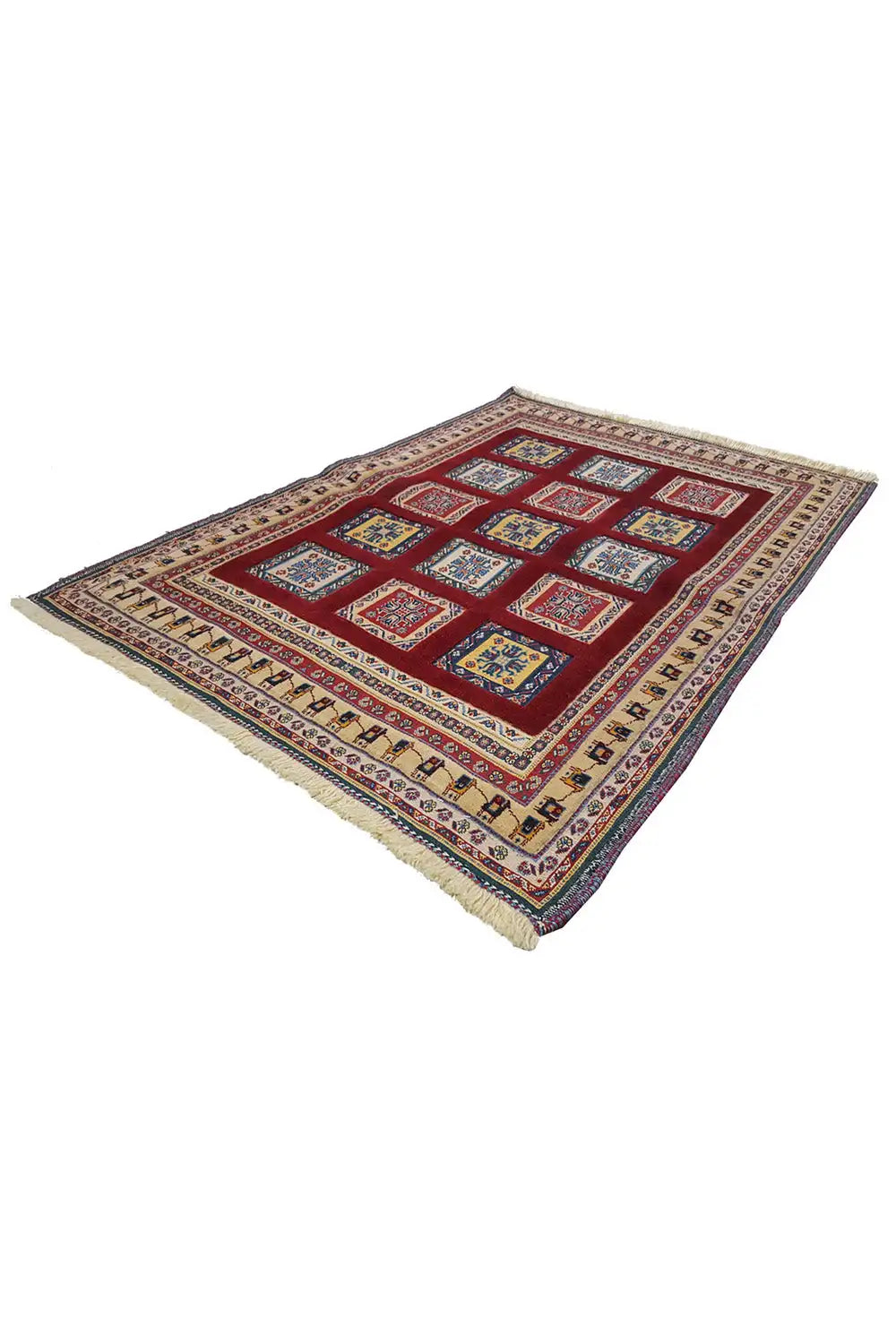 Soumak rug 148x106 cm with red medallion pattern and fringes at the corner