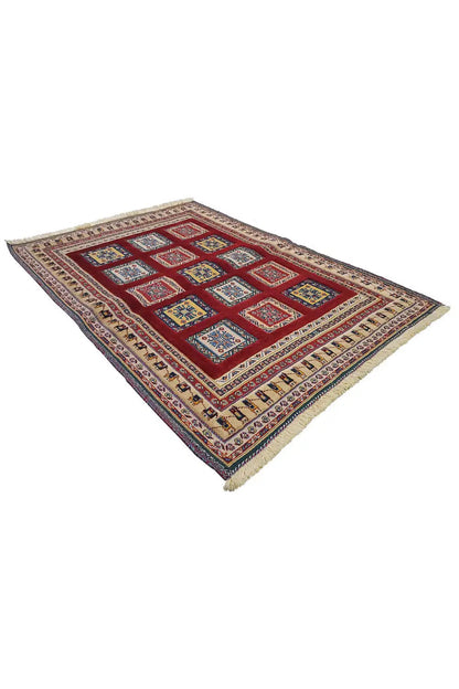 Soumak rug 148x106 cm with geometric grid in red, blue, and fringe tassels