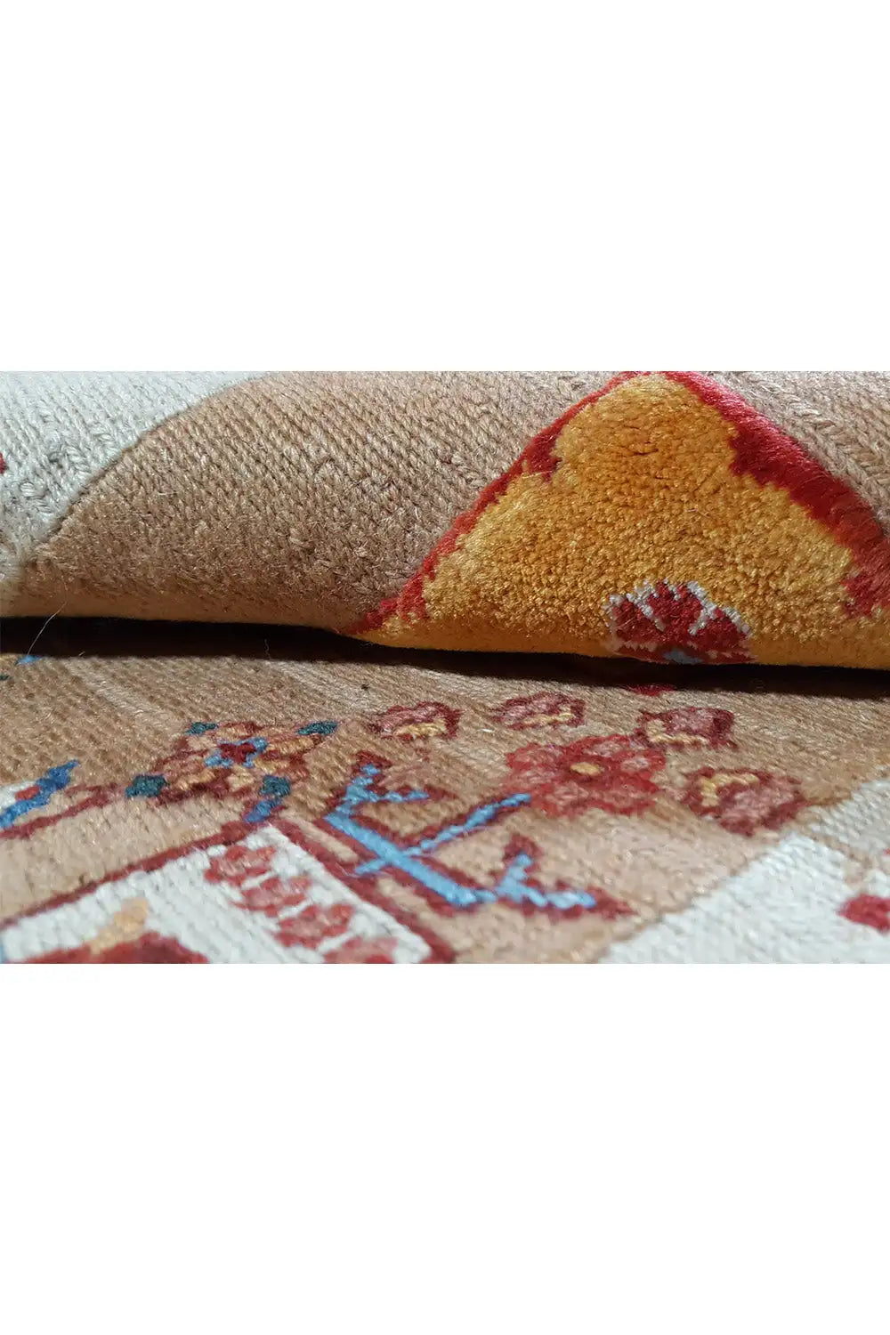 Carpet detail with a woven border, beige pile, and red and blue ornaments