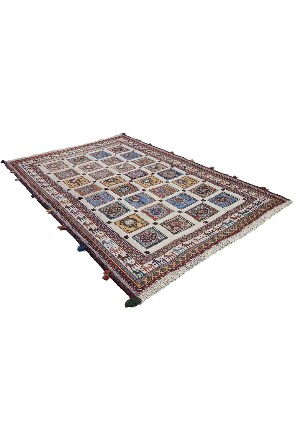 Rug (141x99 cm) with a square pattern and colorful medallions in blue and red