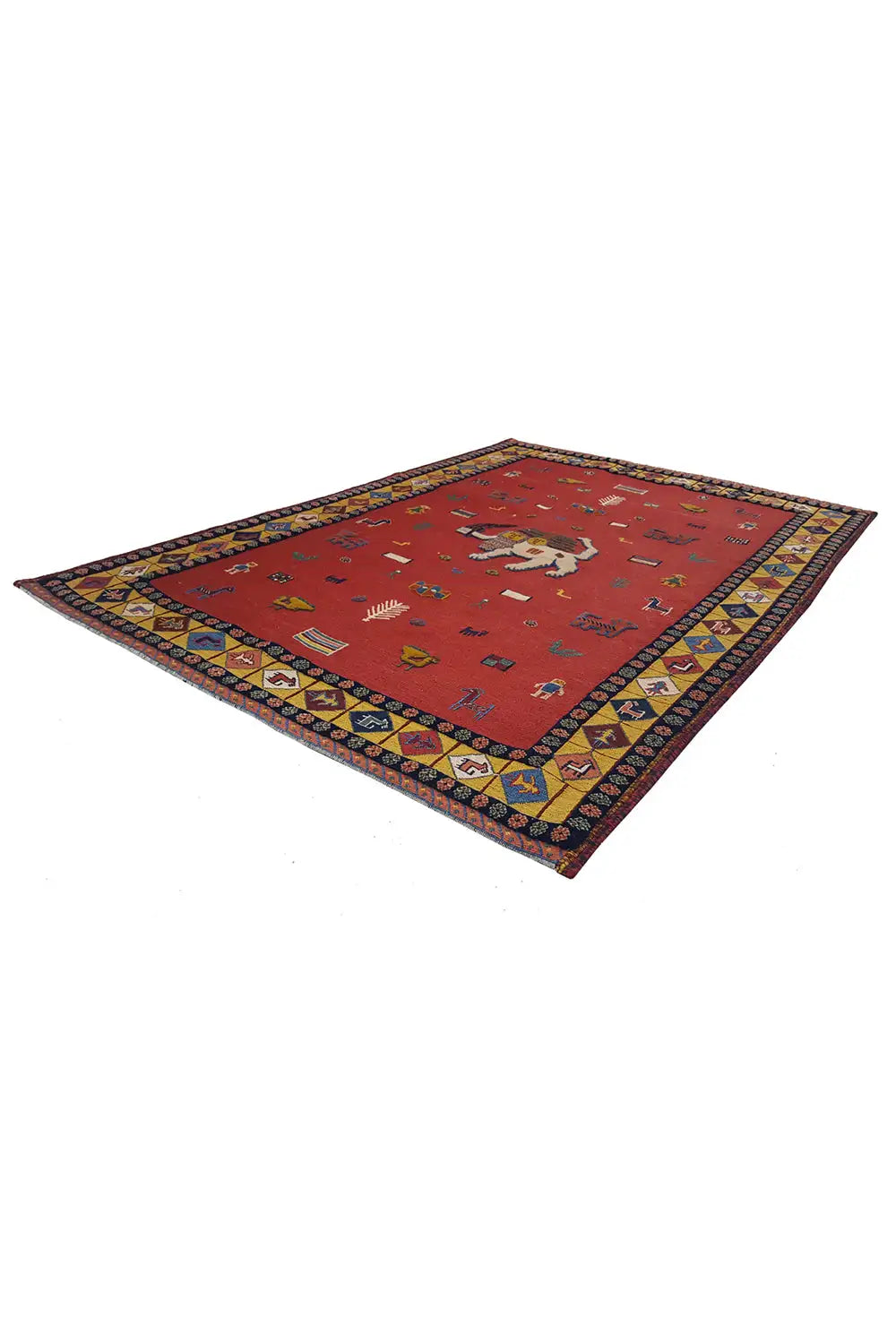 Soumak rug, 193x135 cm, red Oriental rug with a multicolored border