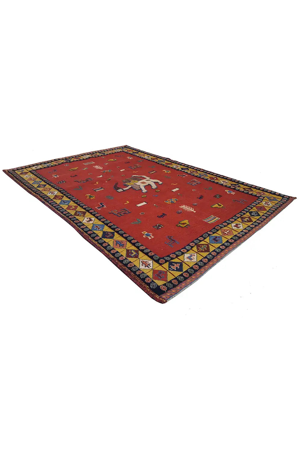 Soumak rug, 193x135 cm, corner view with a red background and colorful border pattern