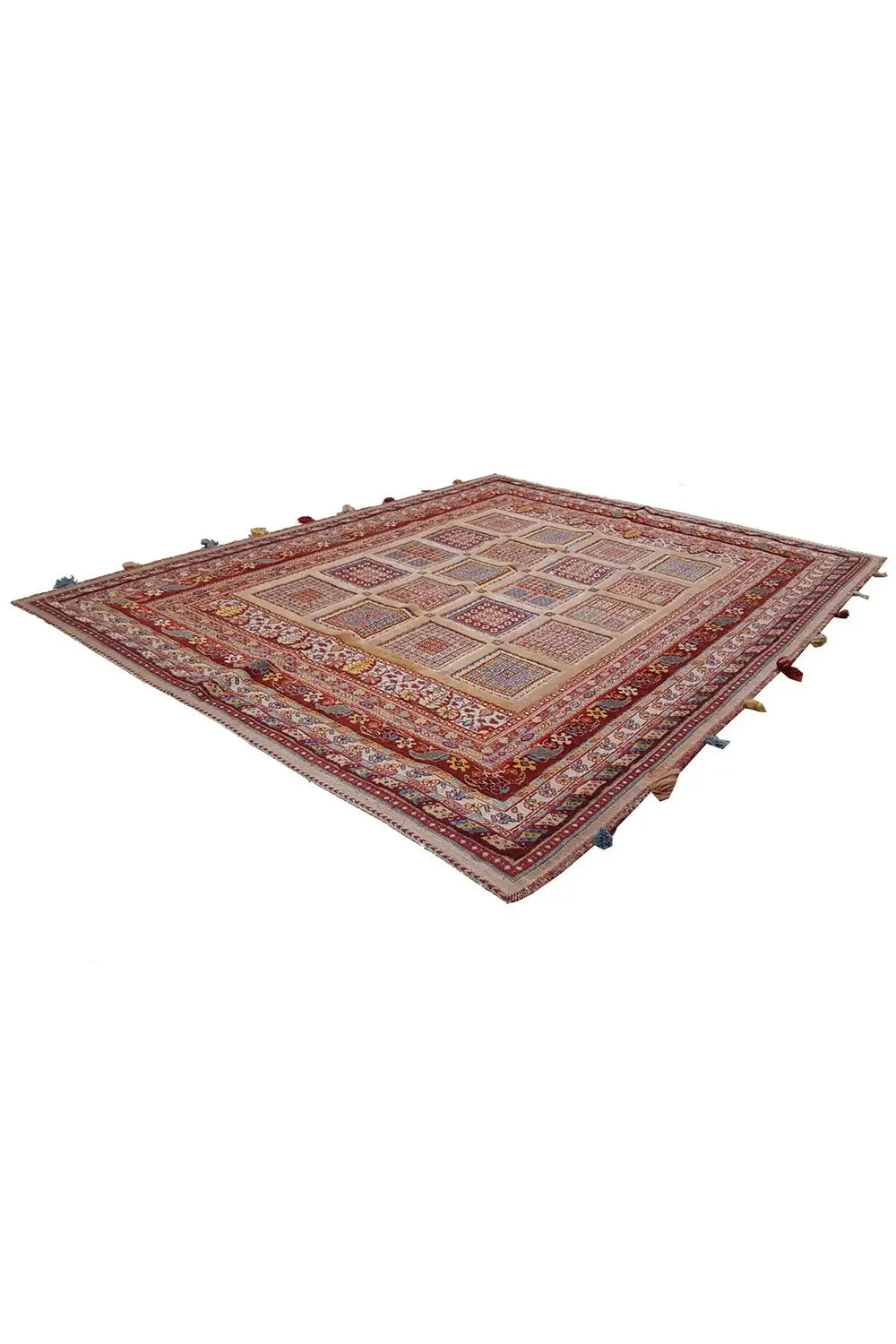 Soumak rug 194x157 cm, red pattern with geometric medallions and fringes