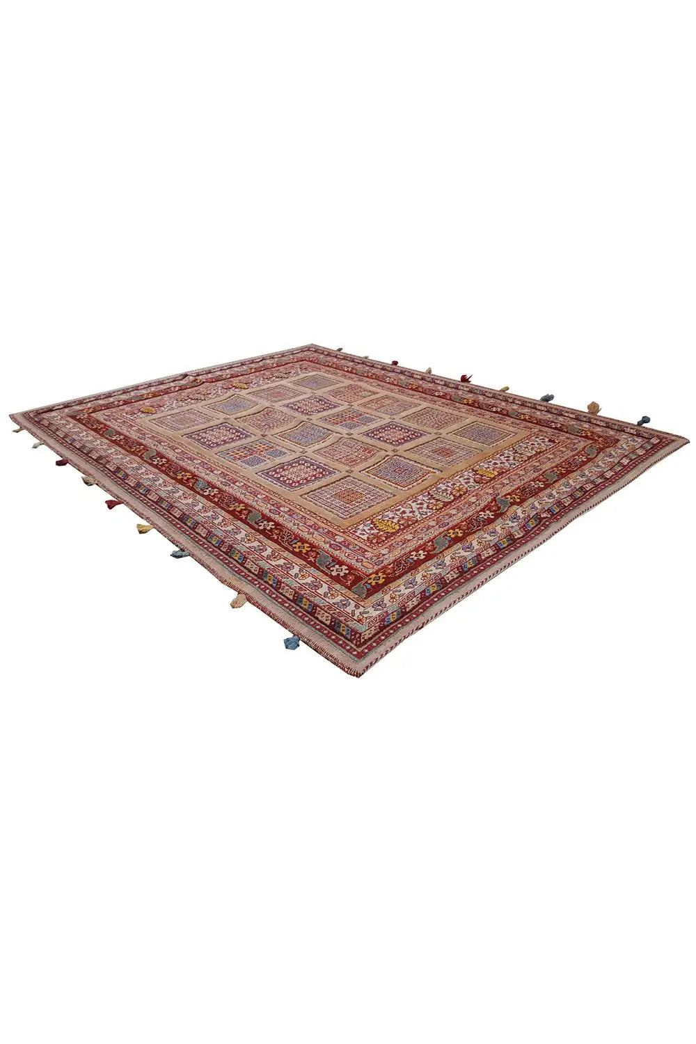 Soumak rug 194x157 cm, appearing rectangular when folded, red ornamental pattern, tassels