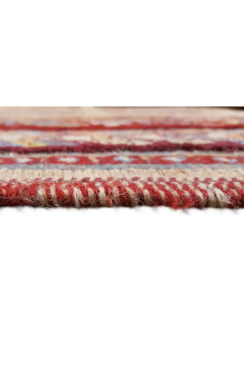 Rug edge with red fringes and a continuous border, multicolored pattern