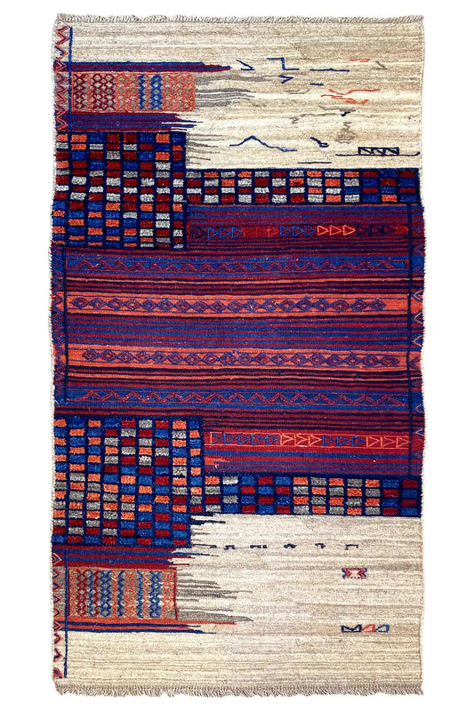 Bakhtiari kilim rug with geometric fields in blue, red, and beige, rectangular
