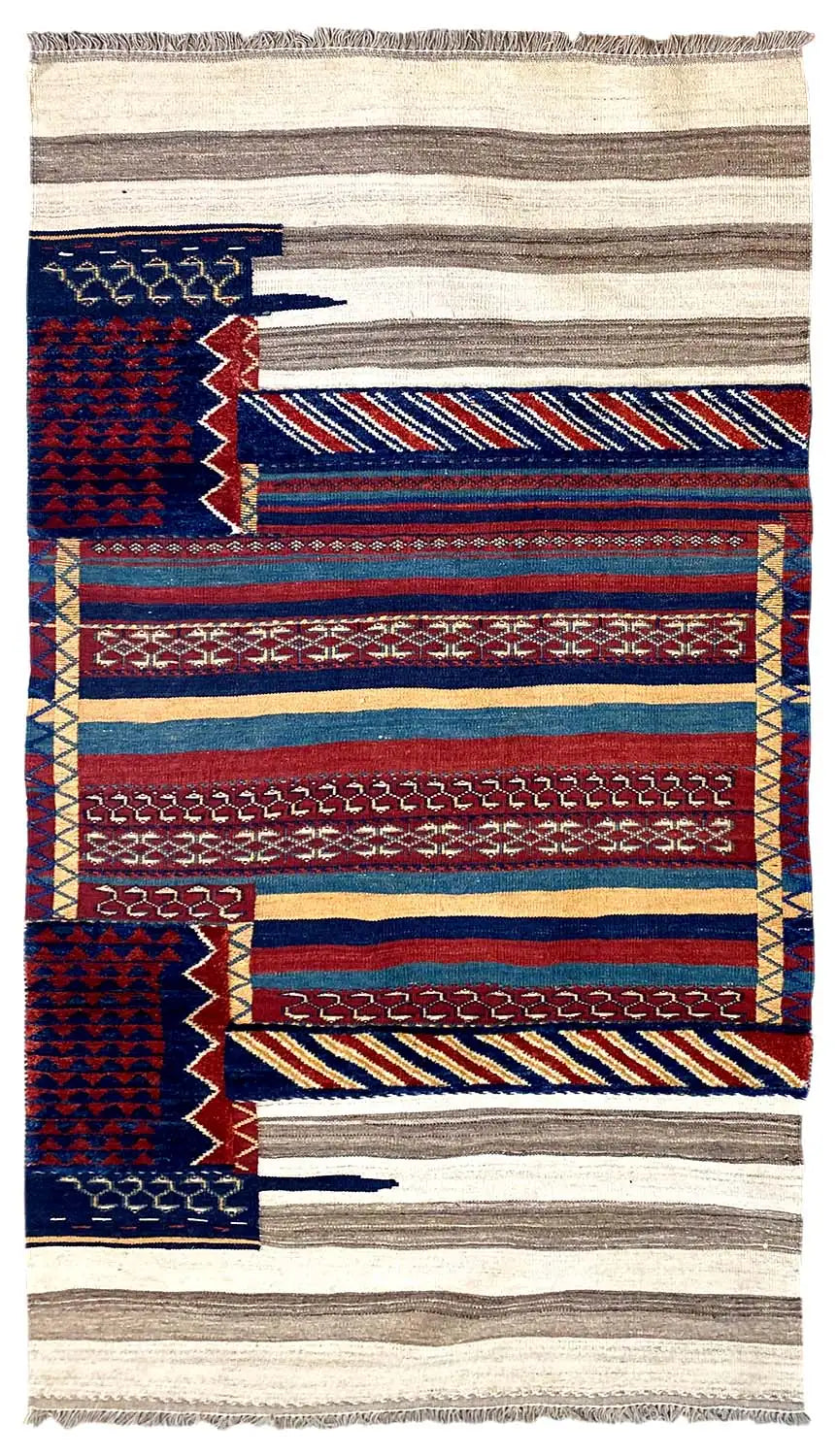 Rectangular Bakhtiari rug: beige stripes with dark blue and red borders