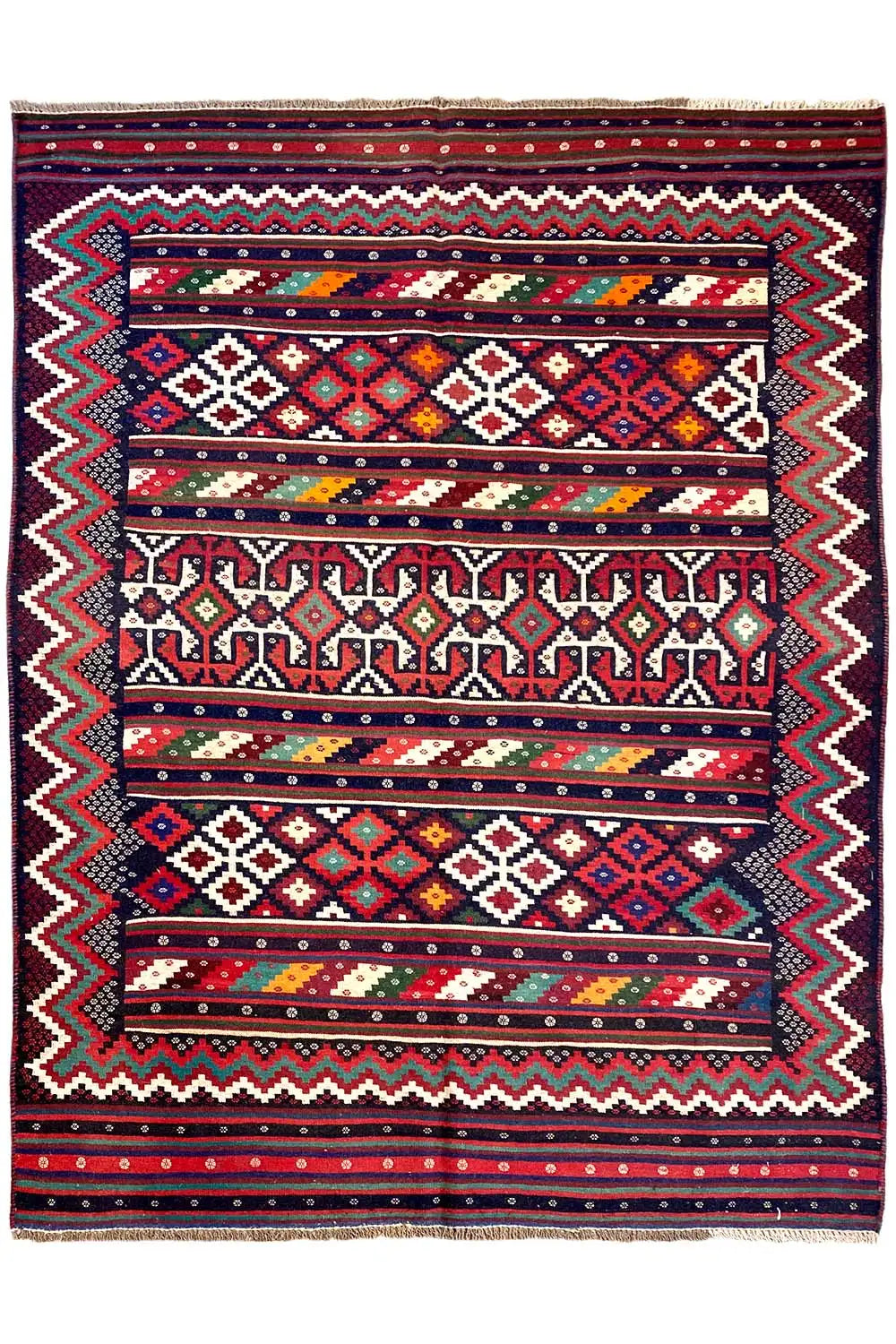 Complete kilim rug: central ornaments, zigzag border, and stripes in red, blue, and green.