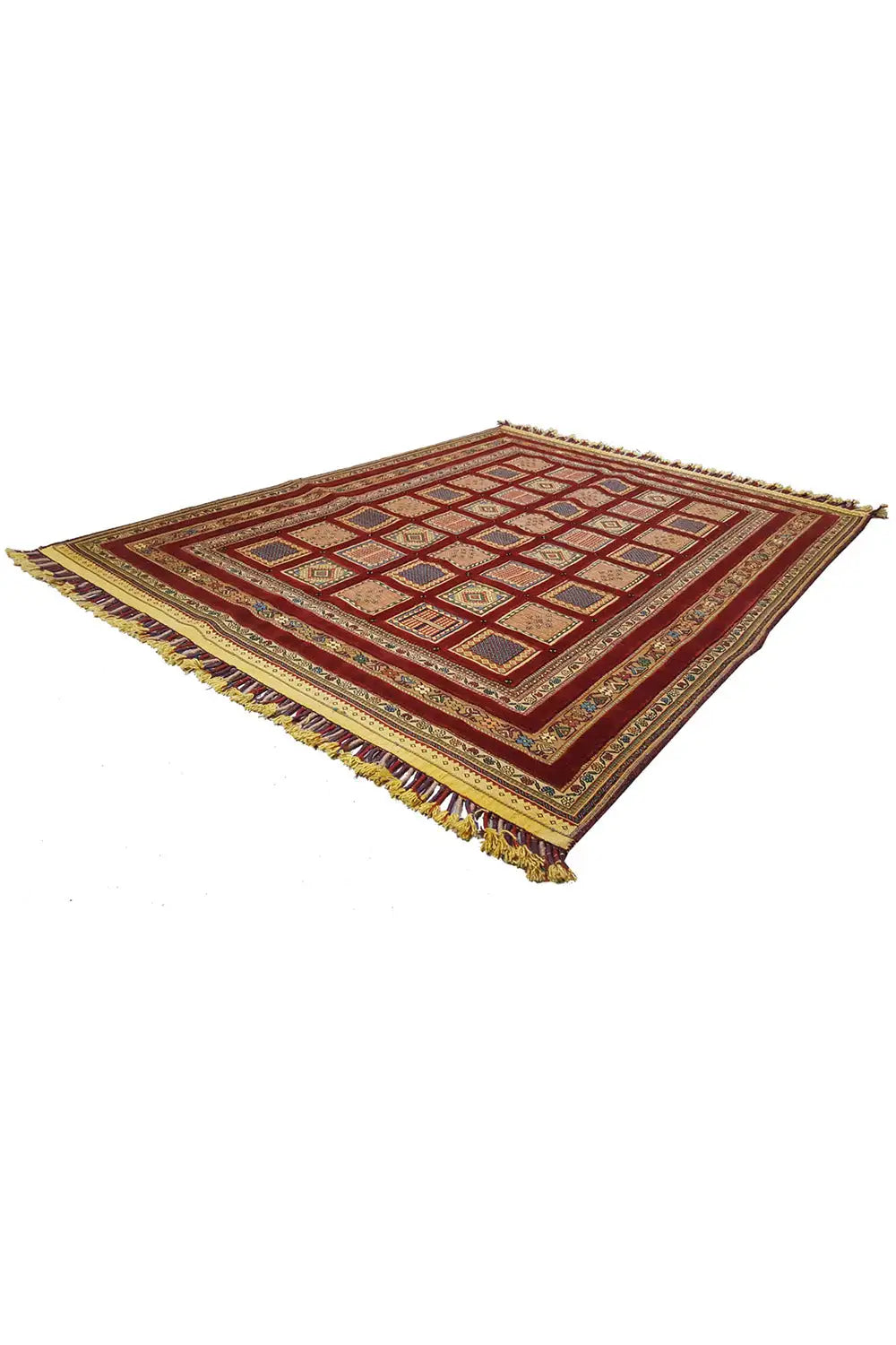 Soumak rug: geometric diamond pattern, reddish brown, border, fringes