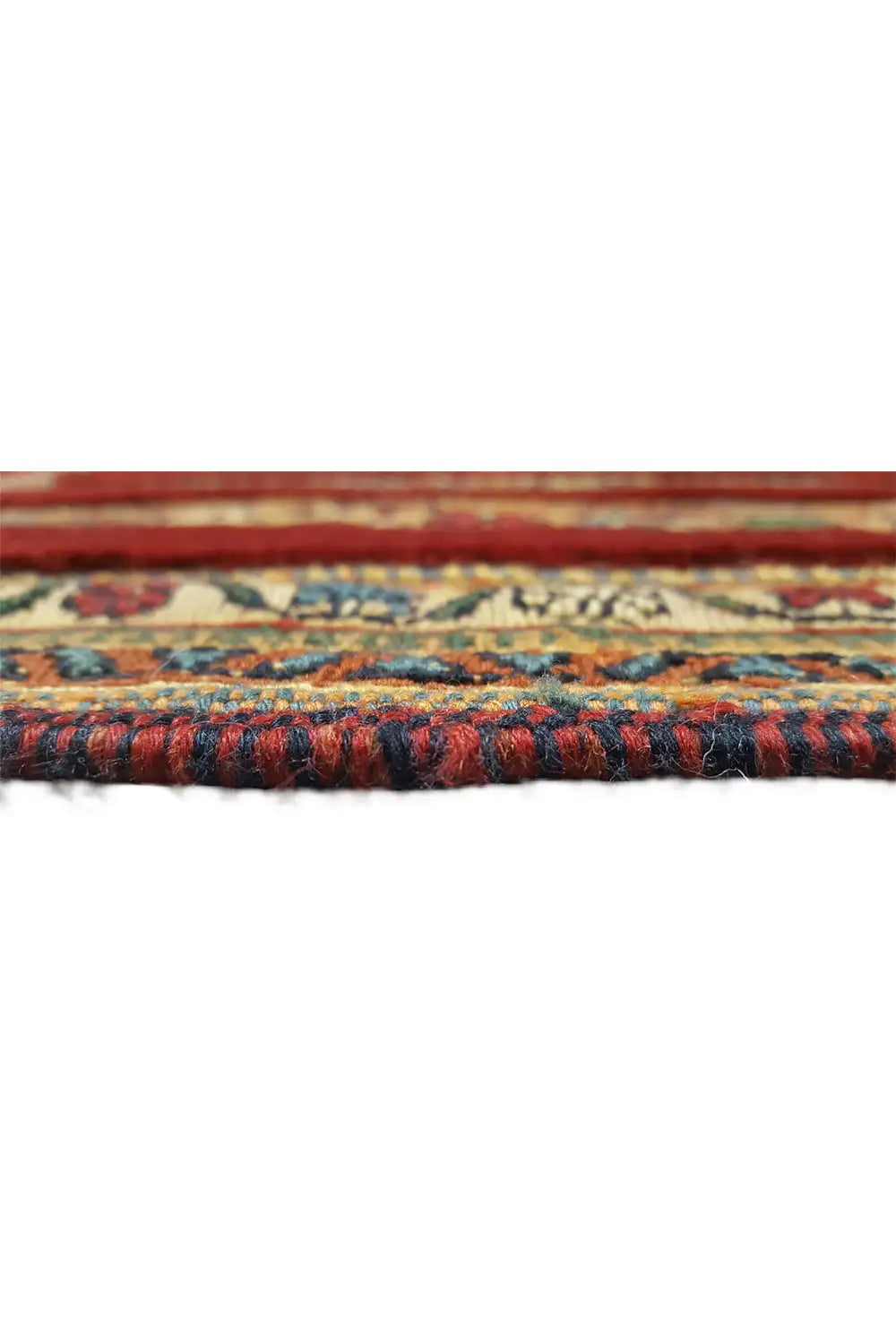 Rug edge with multicolored border and fringe