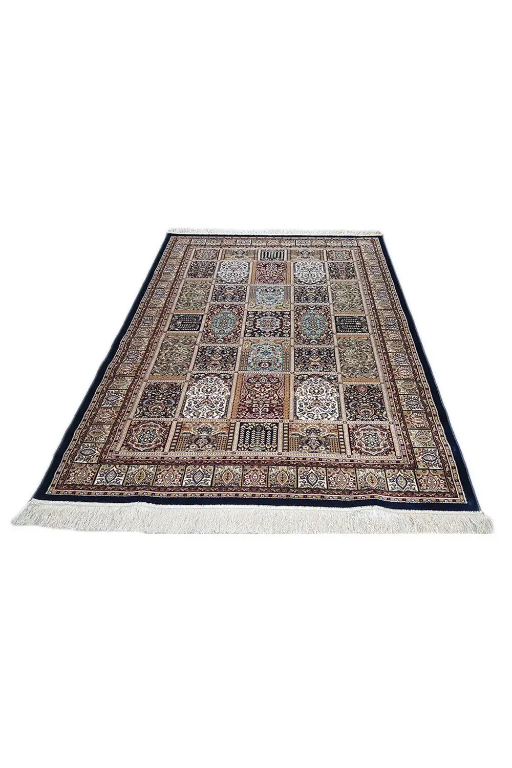 Machine-woven rug, rectangular, multicolored ornamental pattern with a dark border