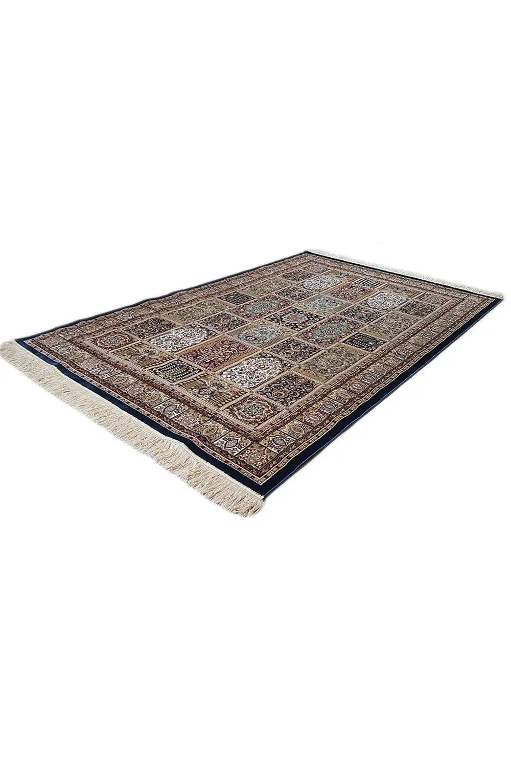 Machine-woven rug with a diagonal ornamental pattern in shades of brown, beige, and blue