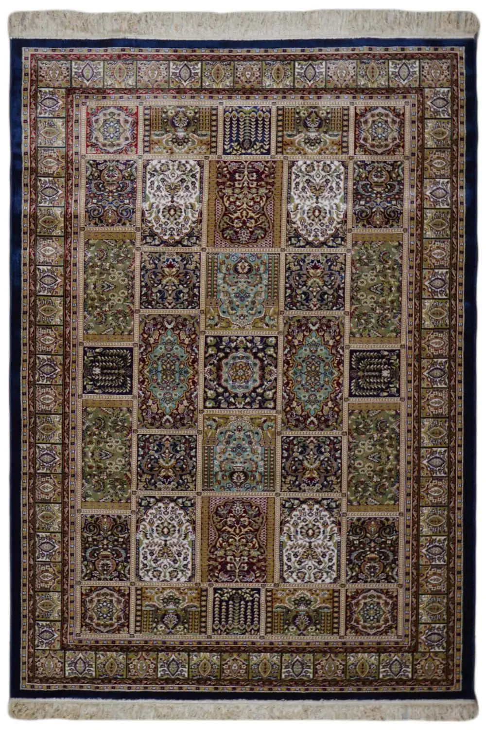 Machine-woven rug with a geometric patchwork pattern and colorful border, beige/blue