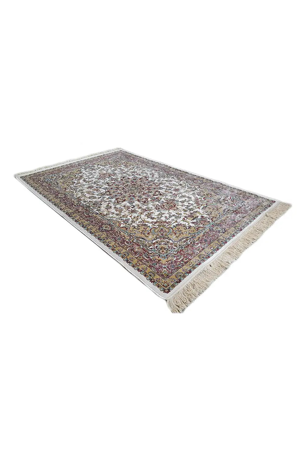 Machine-woven rug 225x150 cm, corner view with floral ornamentation and fringes