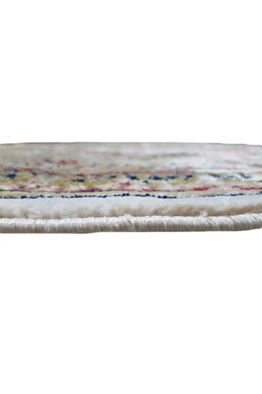 Machine-woven rug 225x150 cm, side view with multicolored selvedge and pile