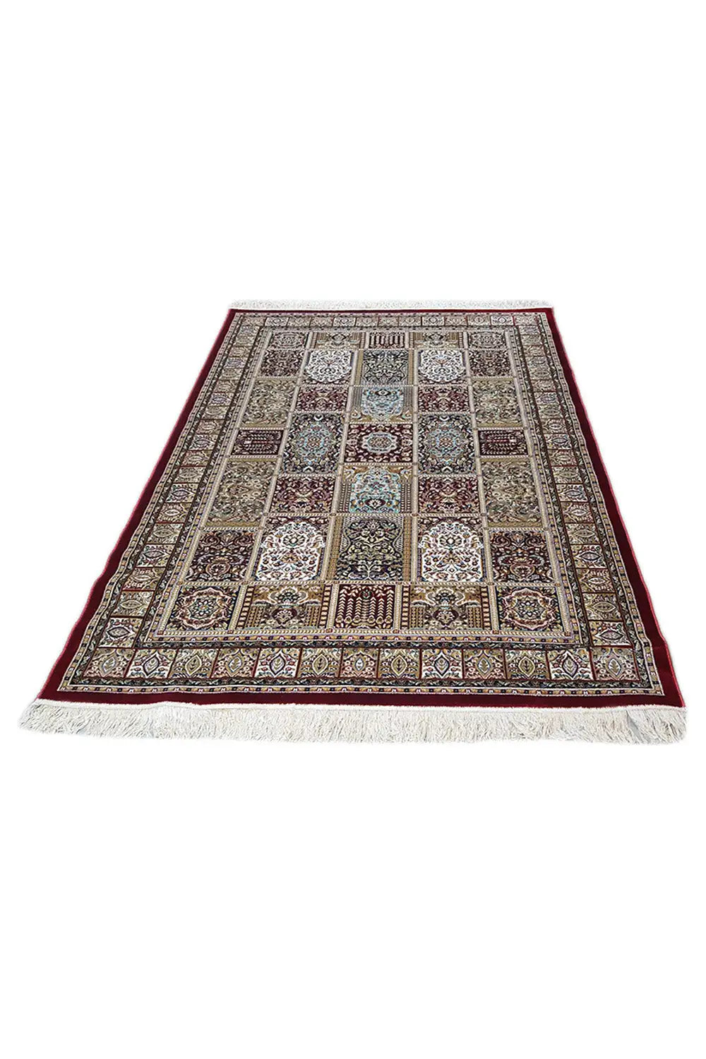 Machine-woven rug with an ornamental pattern, multicolored, rectangular, with fringes along the edge