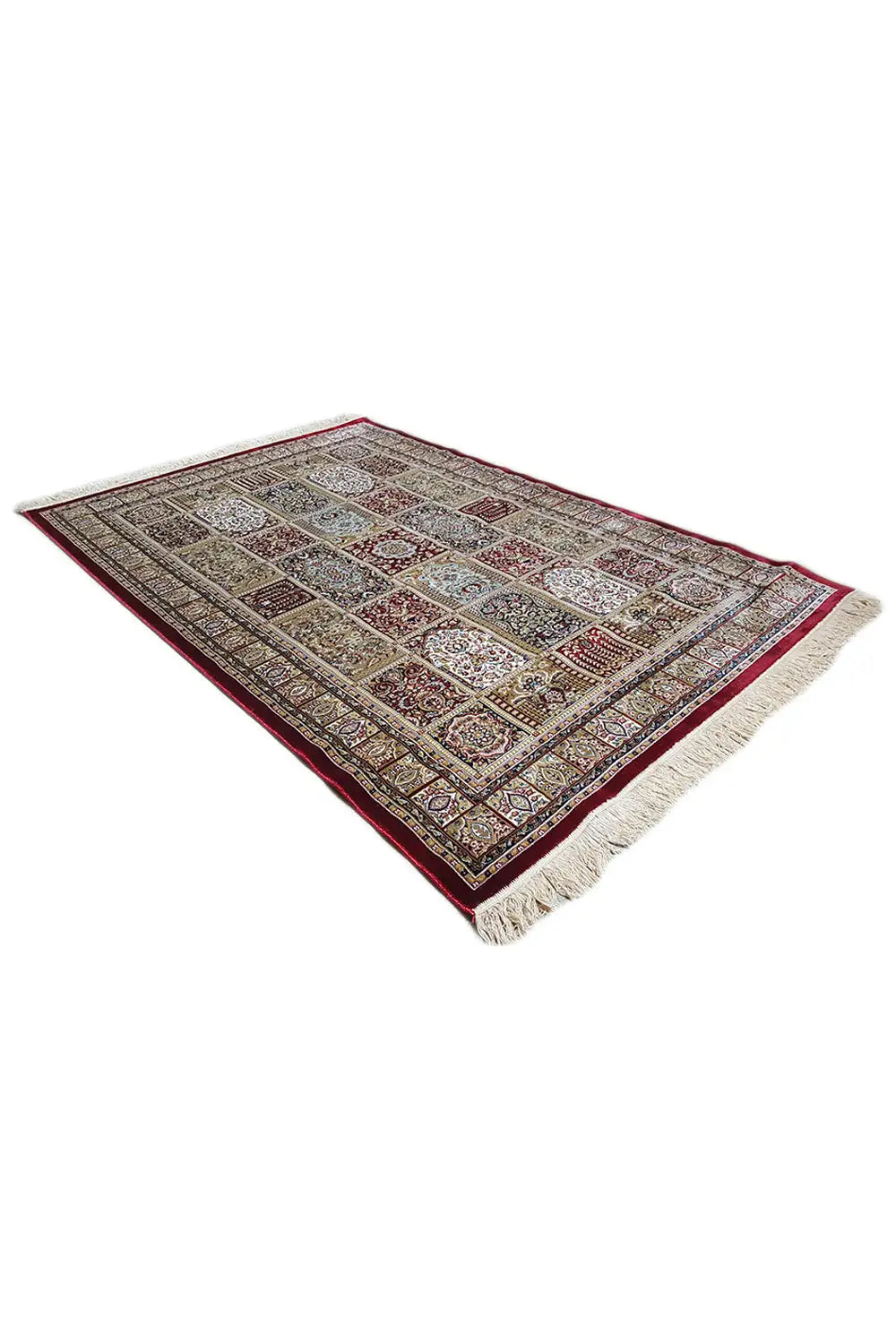 Machine-woven rug with border and tile ornaments, multicolored, fringes