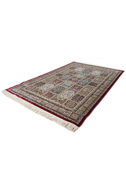 Machine-woven rug with a central medallion and ornamental fields, multicolored, fringed