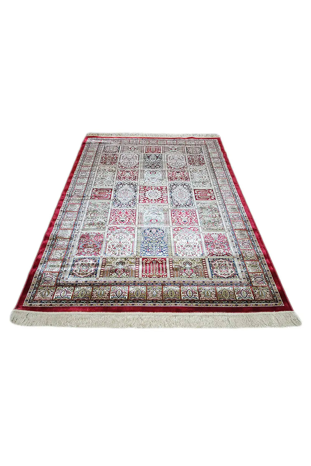 Machine-woven rug with a multicolored geometric ornamental pattern, rectangular