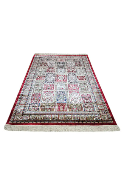 Machine-woven rug with a multicolored geometric ornamental pattern, rectangular