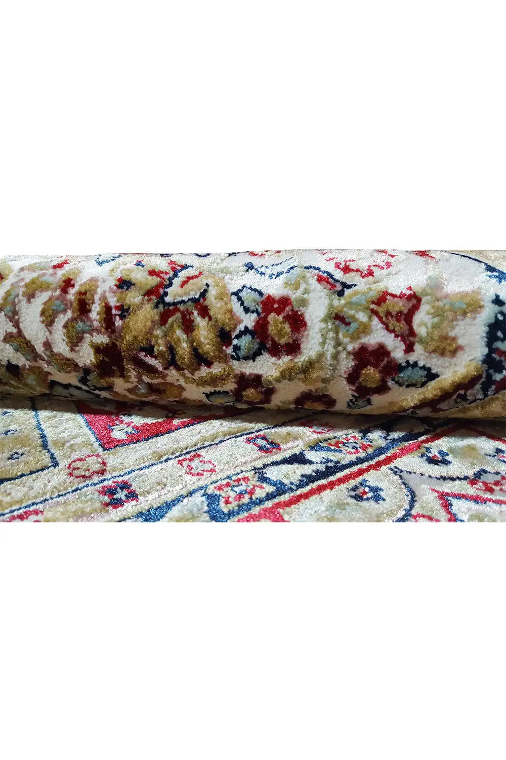 Machine-woven carpet with multicolored pile; rolled edge in detail