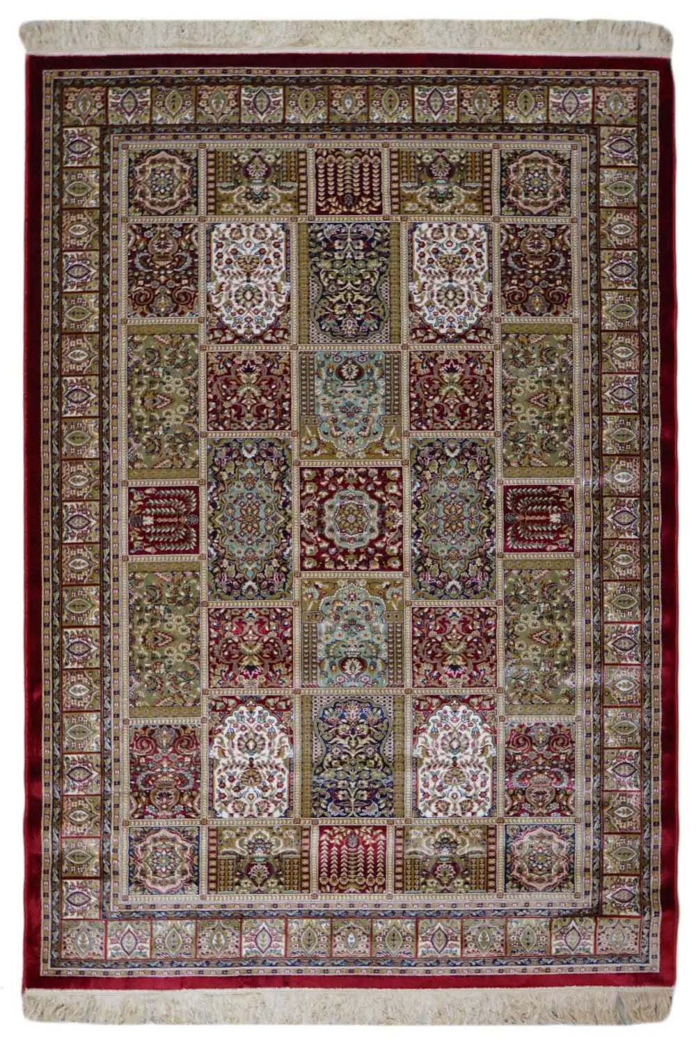 Machine-woven rug with a patchwork design and multicolored ornaments, rectangular