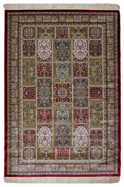 Machine-woven rug with a patchwork design and multicolored ornaments, rectangular