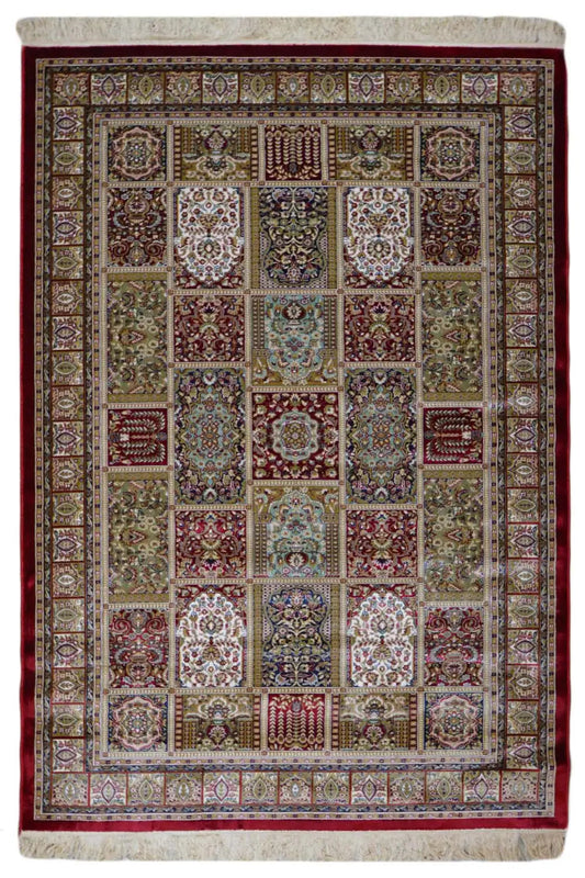 Machine-woven rug with a patchwork design and multicolored ornaments, rectangular