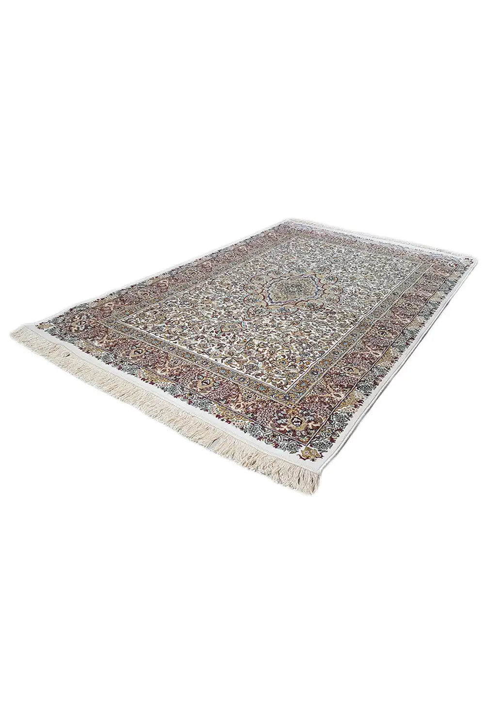 Machine-woven beige rug with a multicolored square/frame pattern and fringes