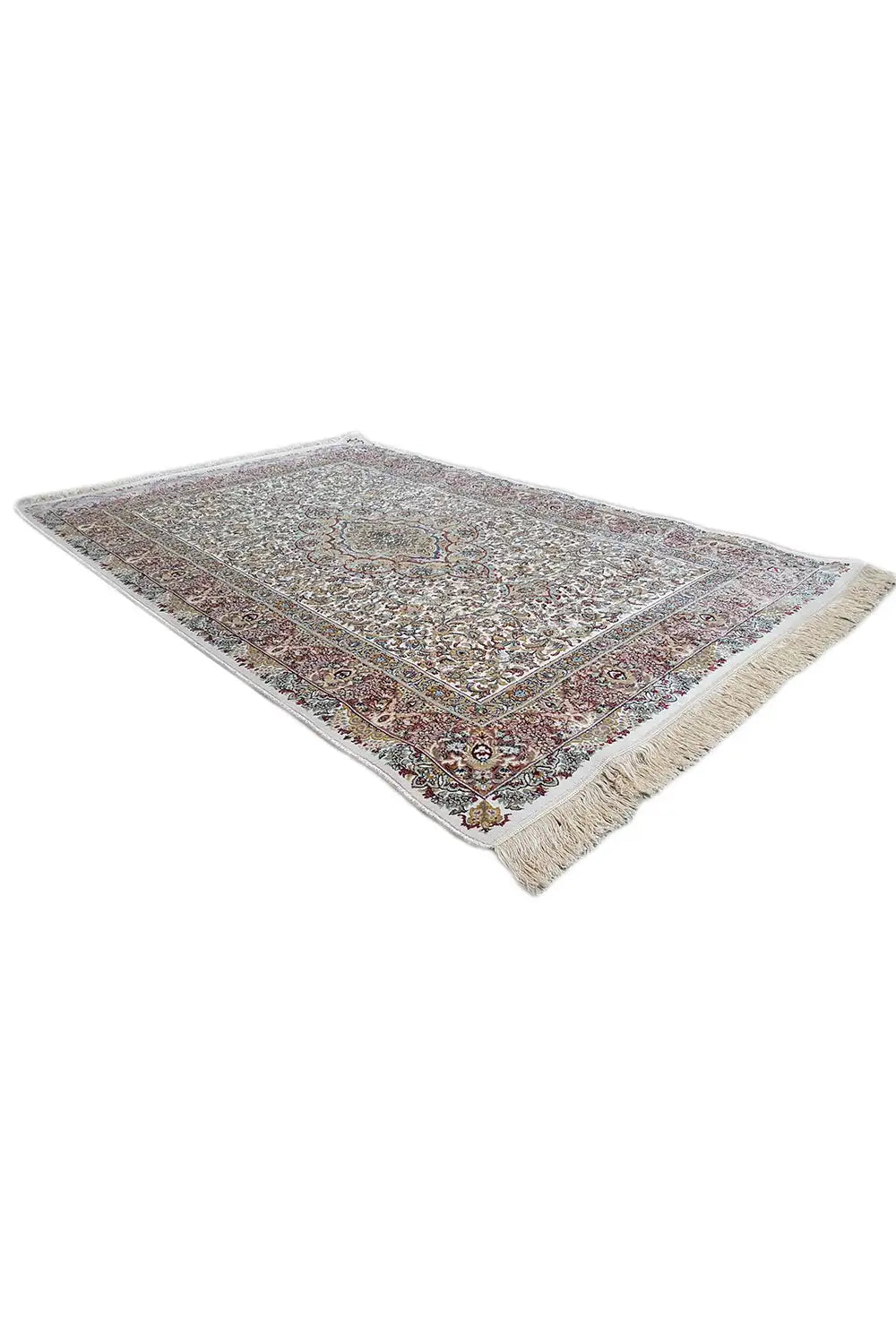 Machine-woven rug with a diagonal view, ornamental border, and fringes