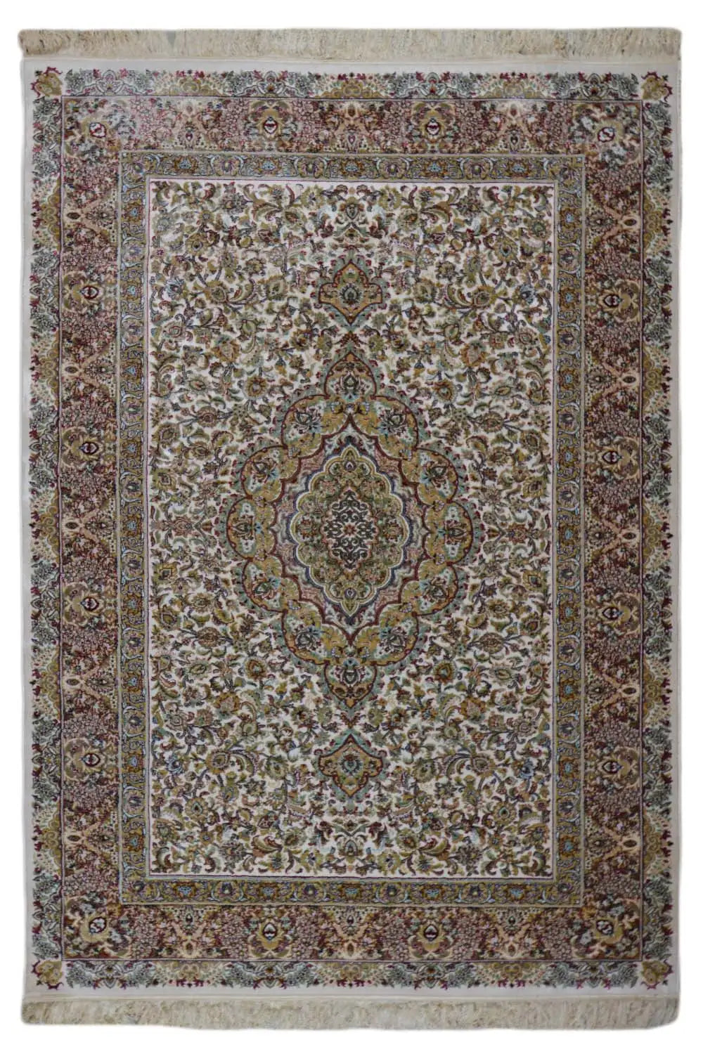 Machine-woven rug with an ornamental medallion pattern, surrounding border, and fringes