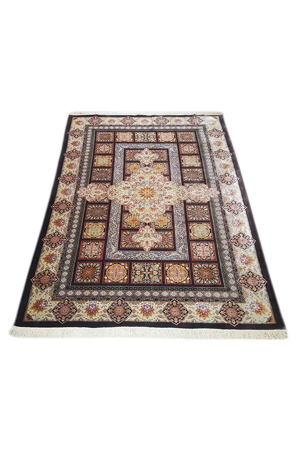Oriental rug with a geometric-floral pattern, beige field, dark brown border