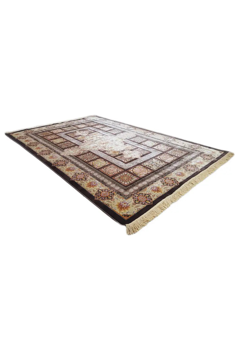 Oriental rug with a vintage pattern of border lines and medallions, beige and brown