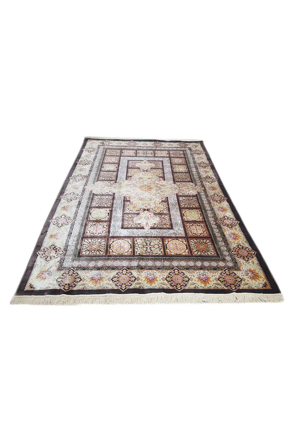 Oriental rug with a light background, a gray-blue border, and floral motifs