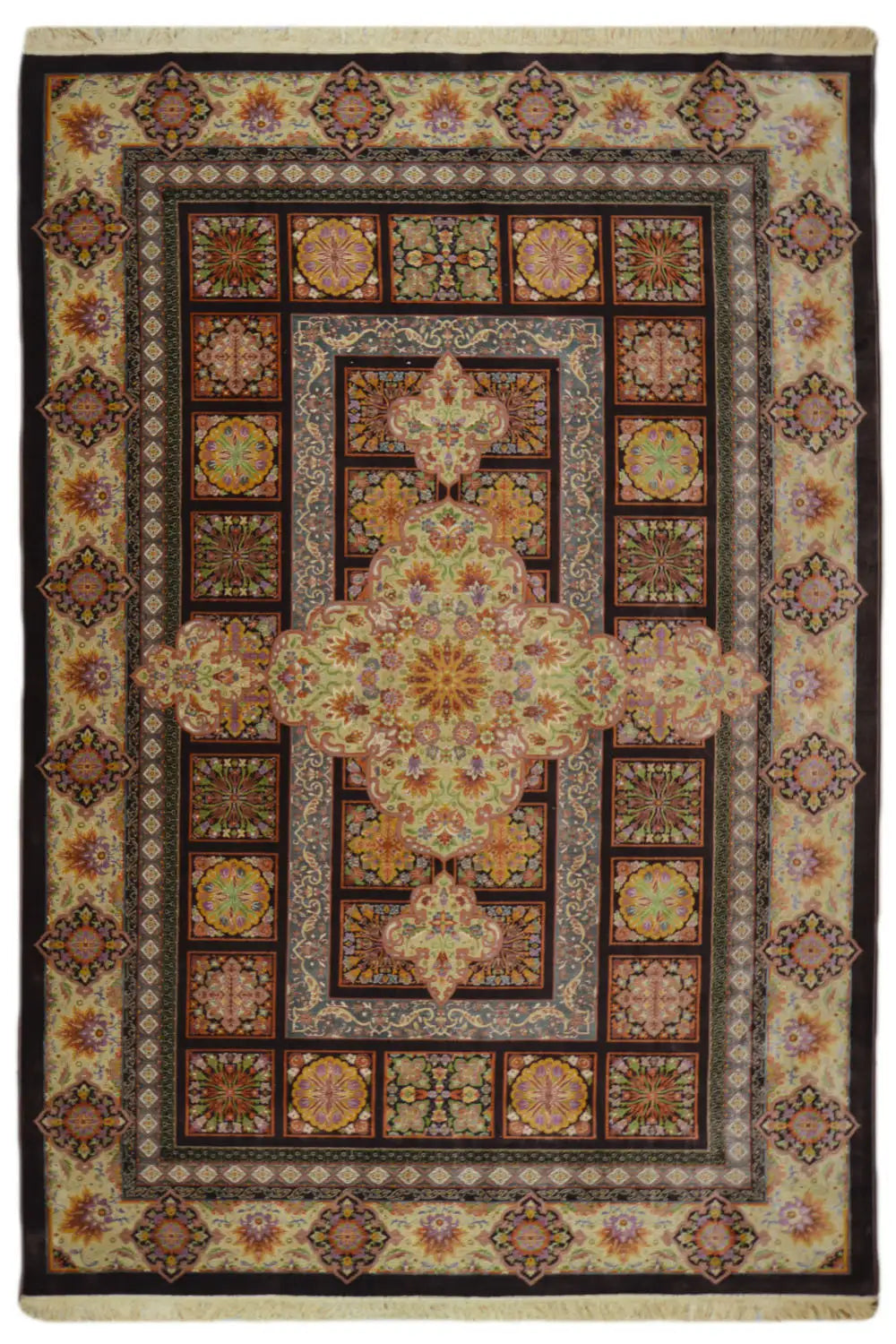 Oriental rug with medallion pattern, beige background and dark brown border, 300x200 cm