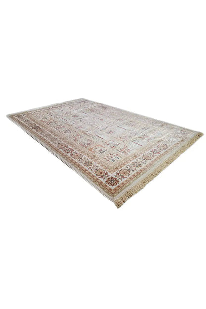 Machine-woven rug 300x200 cm with a beige patterned field and brown corner border